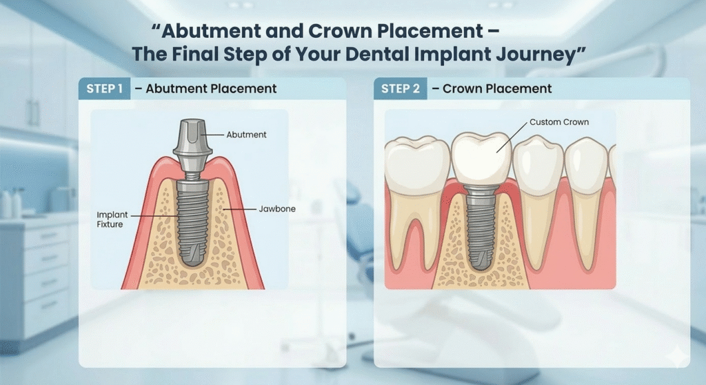 Abutment and crown placement for dental implants
